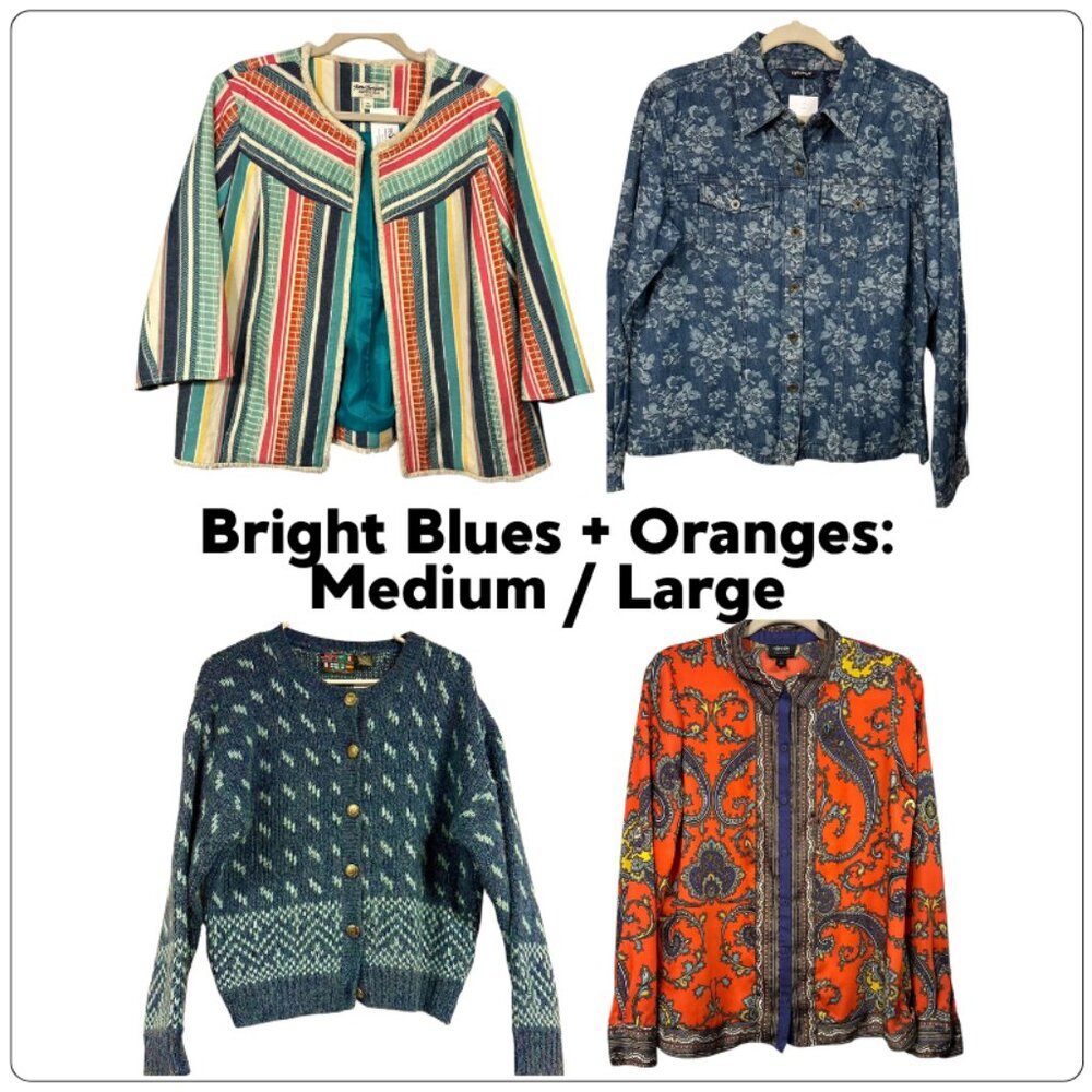 STYLE BUNDLE Women’s Vintage Jacket Sweater Shirt Bold Blue Orange Print M L